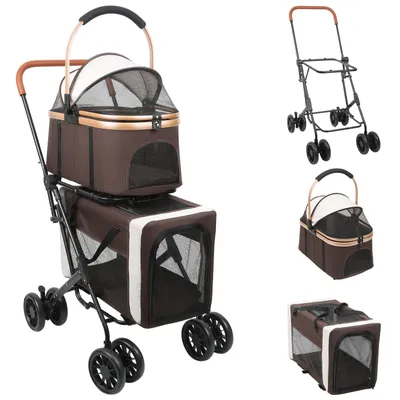 Produktbild von Hundebuggy Haustierwagen Haustierbuggy mit Sicherheitsgurt für 2 Hunde, (2-tlg),Kaffee