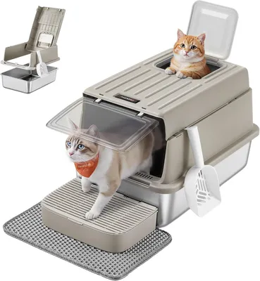 Productafbeelding van Kattenbak van roestvrij staal - XXL met deksel - schep en kattenbakmat - 2 ingangen - voor katten tot 15 kg - bruin