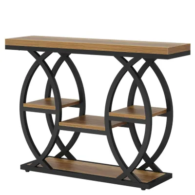 Image de Tribesigns Table console 100 cm, table basse industrielle à 4 niveaux avec compartiments de rangement, en bois et structure métallique, petites pièces, couloir, entrée, marron