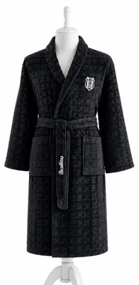 Obrázek produktu pro Žakárový župan Taç Beşiktaş JK s šálovým límcem – Velikost M – Župan ze 100% bavlny – Tkaný klubový vzor a výšivka loga – Černobílý