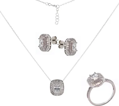 Produktbild von Schmuckset aus 925 Silber mit Zirkonia: Ohrstecker +Kette mit Anhänger +Ring