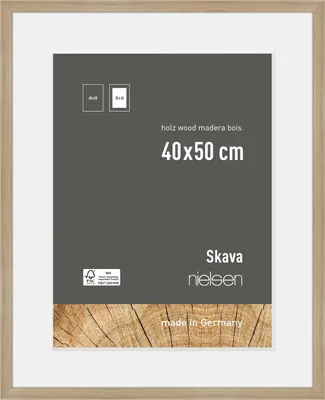 A product shot of a wooden picture frame with informational text and logos.