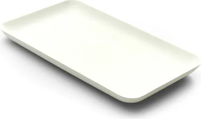 A single white rectangular plate shown from a diagonal angle on a white background.