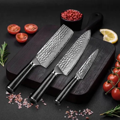 Immagine prodotto di Set di coltelli da cucina, 3 pezzi - Acciaio Damasco - Lama di 19,3 cm - Manico in acciaio inossidabile - Utensili da taglio professionali