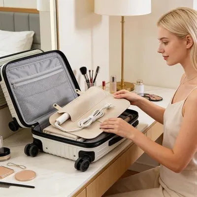 Produktbild von Reisetasche für Lockenstab und Stylingwerkzeuge, Glätteisen-Organizer mit hitzebeständiger Unterlage für Bürsten, Aufsätze und Haarschneider