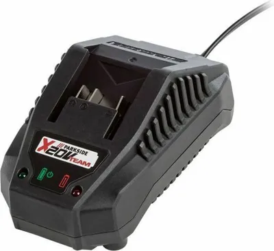 A black Parkside X20V Team battery charger is shown against a white background.
