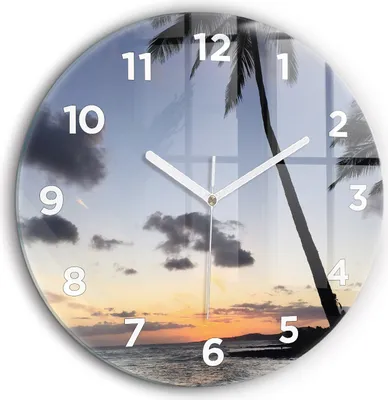 Produktbild von Wallfluent Große Wanduhr – Stilles Quarzuhrwerk - Uhr Dekoration Wohnzimmer Schlafzimmer Küche - Zifferblatt - weiße Zeiger - 60 cm - Palme und Sonnenaufgang