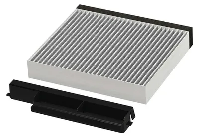A car cabin air filter and its plastic housing are shown against a white background.
