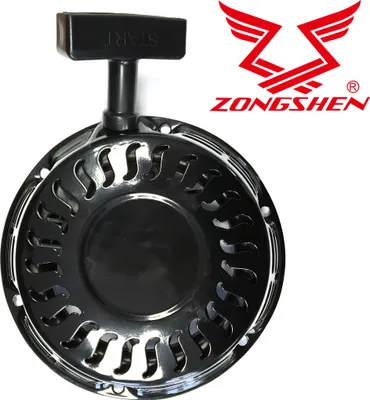 A product shot of a starter pull cord assembly with a brand logo in the upper right corner.