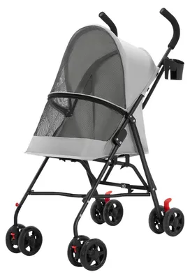 Image de Poussette pour animaux de compagnie - Poussette pour chien/chat - Pliable - 4 roues - Porte-gobelet - Filet respirant - Grand espace de rangement - Gris