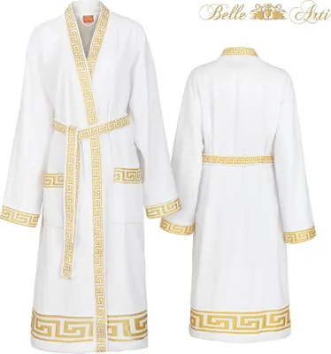 Produktbild von Luxus Bademantel Kimono Mäander weiss gold für Damen & Herren - 100% Baumwolle - XXL