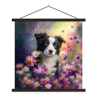 Produktbild von MuchoWow® Textilposter Hund - Blumen - Natur - Welpe - Border Collie 120x120 cm mit schwarzem Rahmen - Aufhängungsset