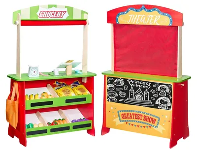 Productafbeelding van VEVOR 2-in-1 houten speelset: poppentheater met gordijnen, winkel met etalage, dubbelzijdig houten speelgoed met schoolbord en kassa, marktkraam voor rollenspel voor kinderen vanaf 3 jaar