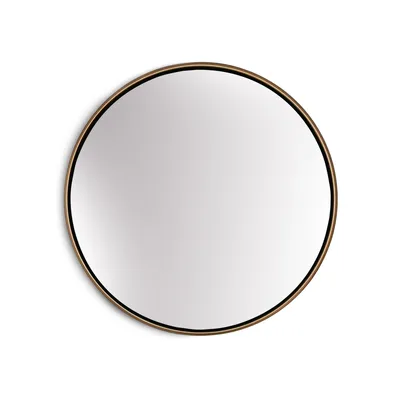 A round mirror with a gold frame is shown against a white background.