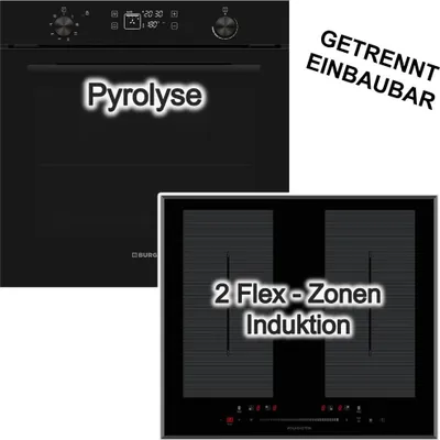 Produktbild von Herdset Burg Einbaubackofen Pyrolyse 78 Liter + Wolkenstein Induktionskochfeld 60 cm autark 2 Doppel-Flexzonen