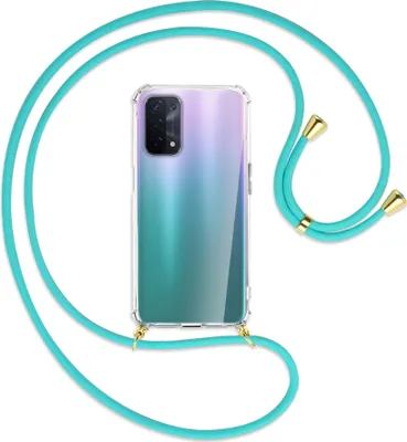 Produktbild von Handykette Backcover-Schutzhülle mit Band (Metall goldfarben) für Oppo A54 5G / A74 5G (CPH2197) - türkis