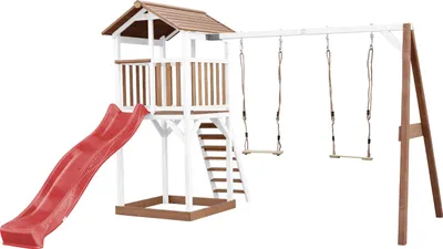 Produktbild von AXI Beach Tower Spielturm aus Holz in Braun & Weiß | Spielhaus für Kinder mit roter Rutsche, Doppelschaukel und Sandkasten | Stelzenhaus für den Garten