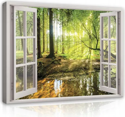 Produktbild von Leinwandbild Fenster Wald 120x80 cm XXL Fensterblick Modern Canvas Bilder Leinwandbilder Schlafzimmer Wohnzimmer Wandbilder Kunstdruck Wand Bild auf Leinwand Aufhängefertig