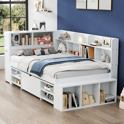 Image de OKWISH Lit Enfant 208x146x91 cm - Lit Avec Rangement Et Bibliothèque, Tiroirs Inclus, MDF, Blanc, Sans Matelas
