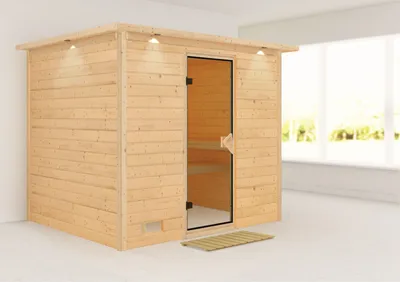 Produktbild von Karibu Sauna Innensauna Sonara Fronteinstieg ohne Zubehör 259x210x206 cm mit Dachkranz  mit Bronzierter Tür