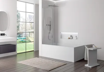 Produktbild von Schwenkbarer Badewannenaufsatz Duschabtrennung EX201 - Aluminiumprofil - Chrom - 6 mm - Nano Echtglas - 6 x 800 x 1400 mm