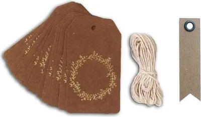 Produktbild von 20 Kraft-Etiketten 4,5 x 8 cm Goldener Blumenkranz & Schnur + 20 Wimpel Kraft Etiketten