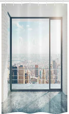 Immagine prodotto di ABAKUHAUS Paesaggio Tenda da doccia stretta, vista loft vuoto, set decorativo per bagno in tessuto con ganci, 120 x 180 cm, grigio chiaro e bianco