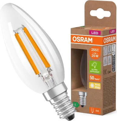 Obrázok produktu pre LED žiarovka OSRAM v klasickom tvare minifigúrky, s dekoratívnym LED vláknom, trieda energetickej účinnosti A, E14, 1,2 W, 255 lm, 2700 K, teplá biela. Žiadne zahrievanie, 100 % svetlo okamžite.