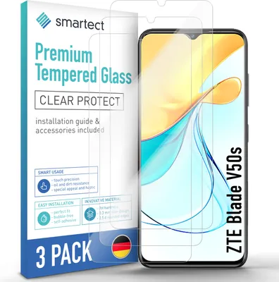 A product package for screen protectors for a ZTE Blade V50s phone, with a phone screen shown behind the packaging.