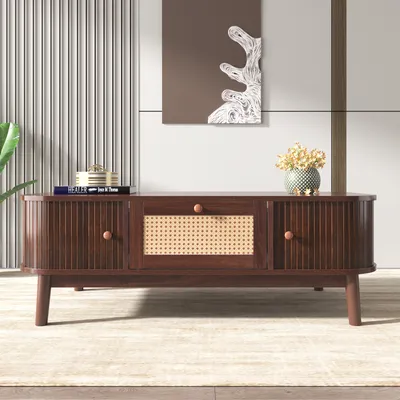Produktbild von MODFU Couchtisch Rattan-Kaffeetisch, Schubladen mit Rattan und Schiebetüren mit Massivholzlatten, Massivholzbeine 110 L x 55 B x 38.5H(cm) Braun