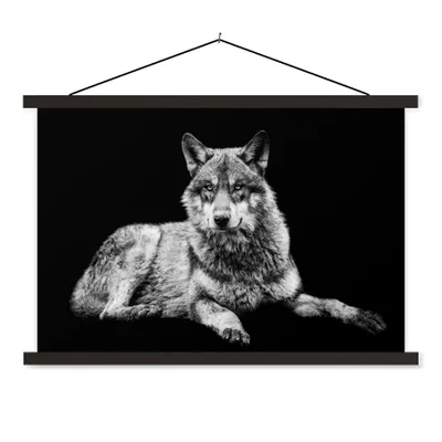 Produktbild von MuchoWow® Textilposter Wildlife - Wolf - Schwarz - Weiß 90x60 cm mit schwarzem Rahmen - Aufhängungssatz