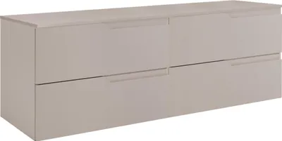 A beige, modern, four-drawer vanity cabinet with a tabletop, shown against a white background.
