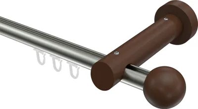 Produktbild von Interdeco Innenlaufstange / Gardinenstange mit Innenlauf Edelstahl-Optik / Nussbaum lackiert, Typ Talent Luina (Kugel), 20 mm Ø 1-läufig, 320 cm