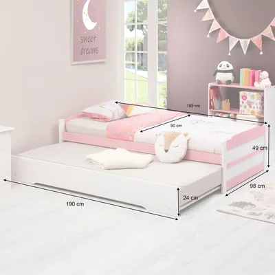 Produktbild von Ausziehbett LORENA in 90 x 190 cm, schönes Kinderbett aus Kiefer massiv in weiß/rosa, praktisches Jugendbett mit Auszugskasten