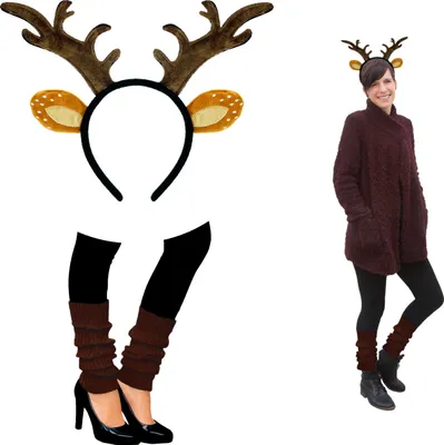 Produktbild von Oblique Unique Rentier Elch Kostüm Accessoire Set - Rentier Elch Geweih Haarreif + Stulpen für Damen Fasching Karneval