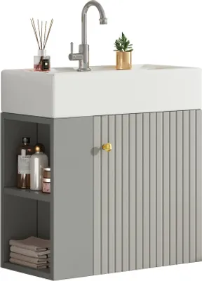 Produktbild von Badezimmermoebel  55 x 31 x 66.5 cm Grau Spanplatte Waschtischunterschrank Waschbecken Badezimmerschrank Gaestebadmoebel haengend Kleine