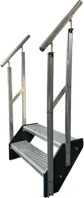 Produktbild von Gitterrost Stahl Wangentreppe 2 Stufen Verzinkt & Anthrazit Pulverlackierte Wangen + beidseitigem Geländer - (L x B x H) 44cm x 140cm x 38cm