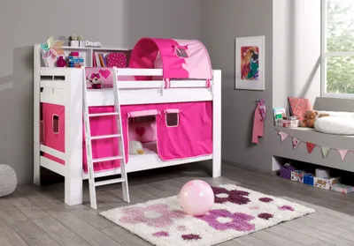 Produktbild von Relita Etagenbett Jan mit Bücherregal, Vorhang und 1-er Tunnel, 90 x 200 cm, pink/herz