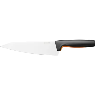 A white chef's knife with a black and orange handle is shown against a white background.