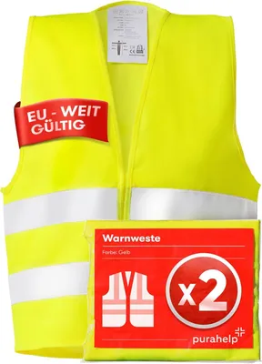 Produktbild von PURAHELP Warnwesten Auto 2er Set Europaweit gültig nach EN ISO 20471 - Reflektierende Warnweste Auto - Sicherheitsweste Auto Warnweste Gelb