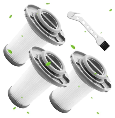 Three vacuum cleaner filters and a cleaning brush are arranged diagonally on a white background with green leaf graphics.