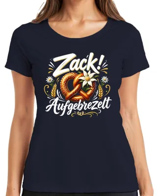 Produktbild von Zack! Aufgebrezelt Bayern Brezel Wiesn Trachtenshirt Lederhose Damen T-Shirt, Navy, XL
