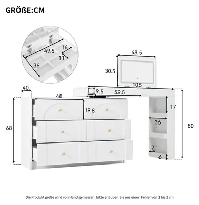 Produktbild von Schminktisch Set - Frisiertisch mit Spiegel - LED Spiegel - 3-farbiges Licht - 120×90×40 cm - Holz - Schlafzimmer - Weiß 3