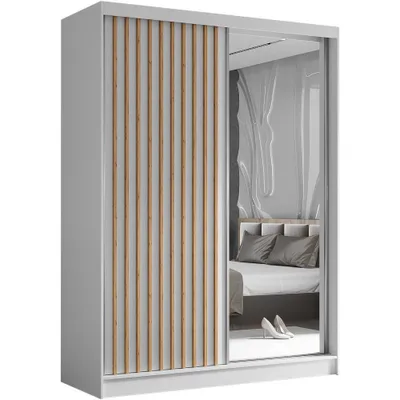 A white sliding door wardrobe with wooden slats on one door and a mirrored door reflecting a bedroom scene.