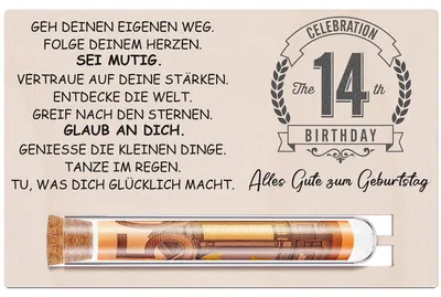 Produktbild von Geldgeschenk-Set zum 14. Geburtstag mit Holzkarte