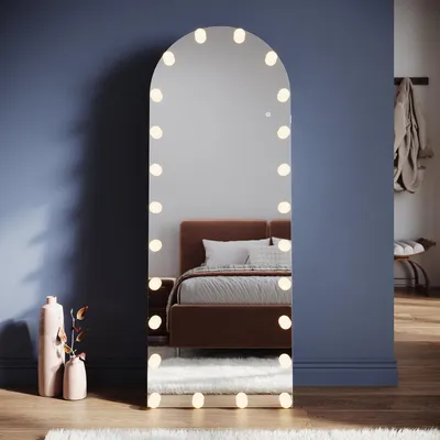 Immagine prodotto di SONNI 160 x 60 x 3,5 cm Specchio da trucco curvo bianco con illuminazione a lampadina LED e presa di corrente, supporto per il montaggio a parete