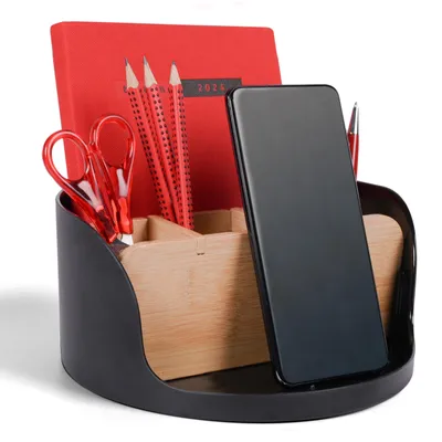 Runder Schreibtisch-Organizer aus Bambus, schwarz, 21x21x10 cm