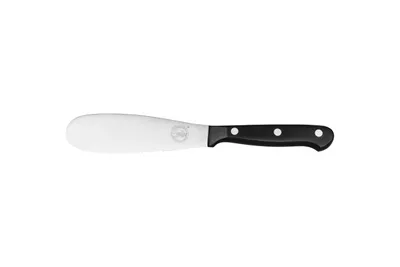 A butter knife with a black handle and a silver blade is shown against a white background.