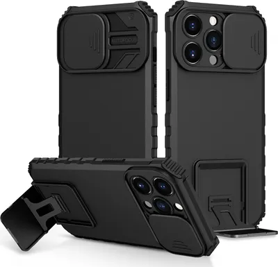 Obrázek produktu pro Pouzdro pro iPhone 15 Pro dvouvrstvé robustní, vojenská ochrana pouzdro s stojánku a posuvnou ochranou kamery černé