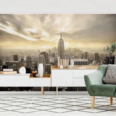 Produktbild von Fototapete Stadt - Vliestapete - Bildtapete UV-beständig New York beige Vintage Wandtapete geruchsfrei